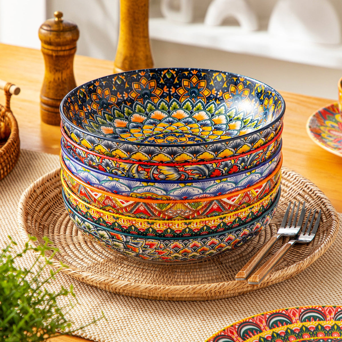 vancasso 32oz Pasta Bowls, Ceramic Salad Bowls Set of 6, Dishwasher and Microwave Safe, Bohemian Style