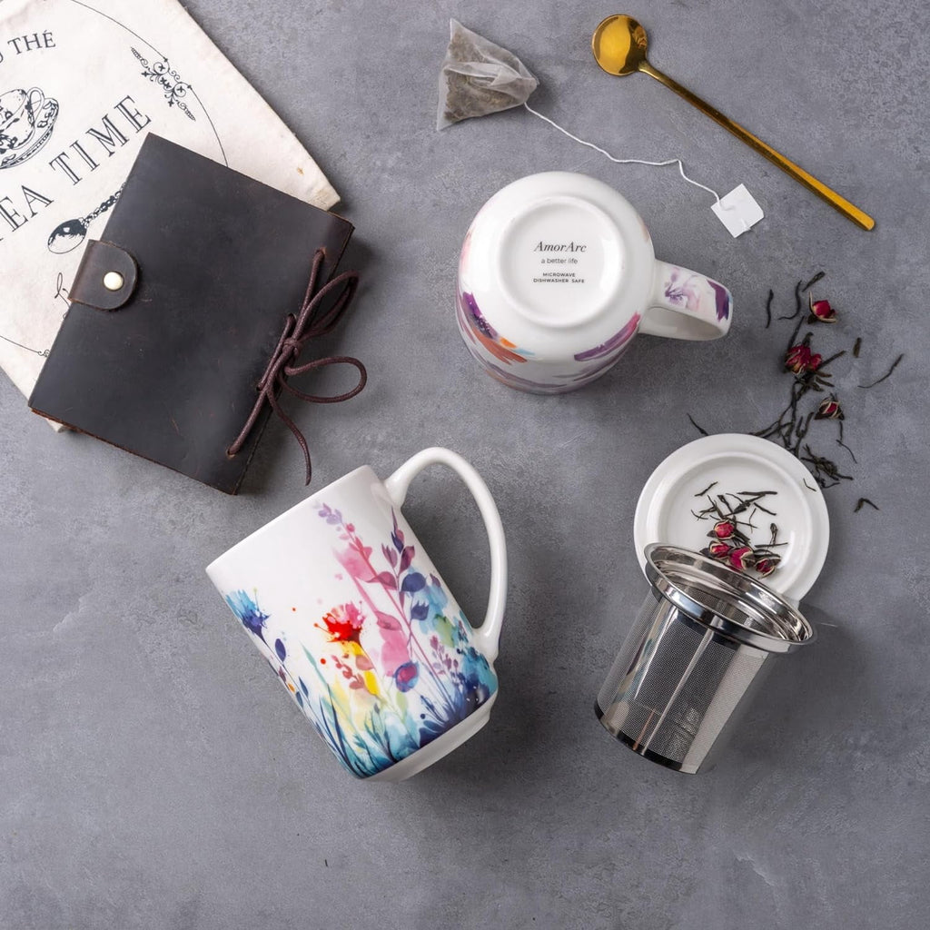 AmorArc Porcelain Tea Mug with Infuser and Lids, 18 Oz Cup Strainer Bag Holder for Loose Leaf Tea, Steeping Coffee Well-wrapped Box House-warming Wedding Birthday Gift, YelloRed