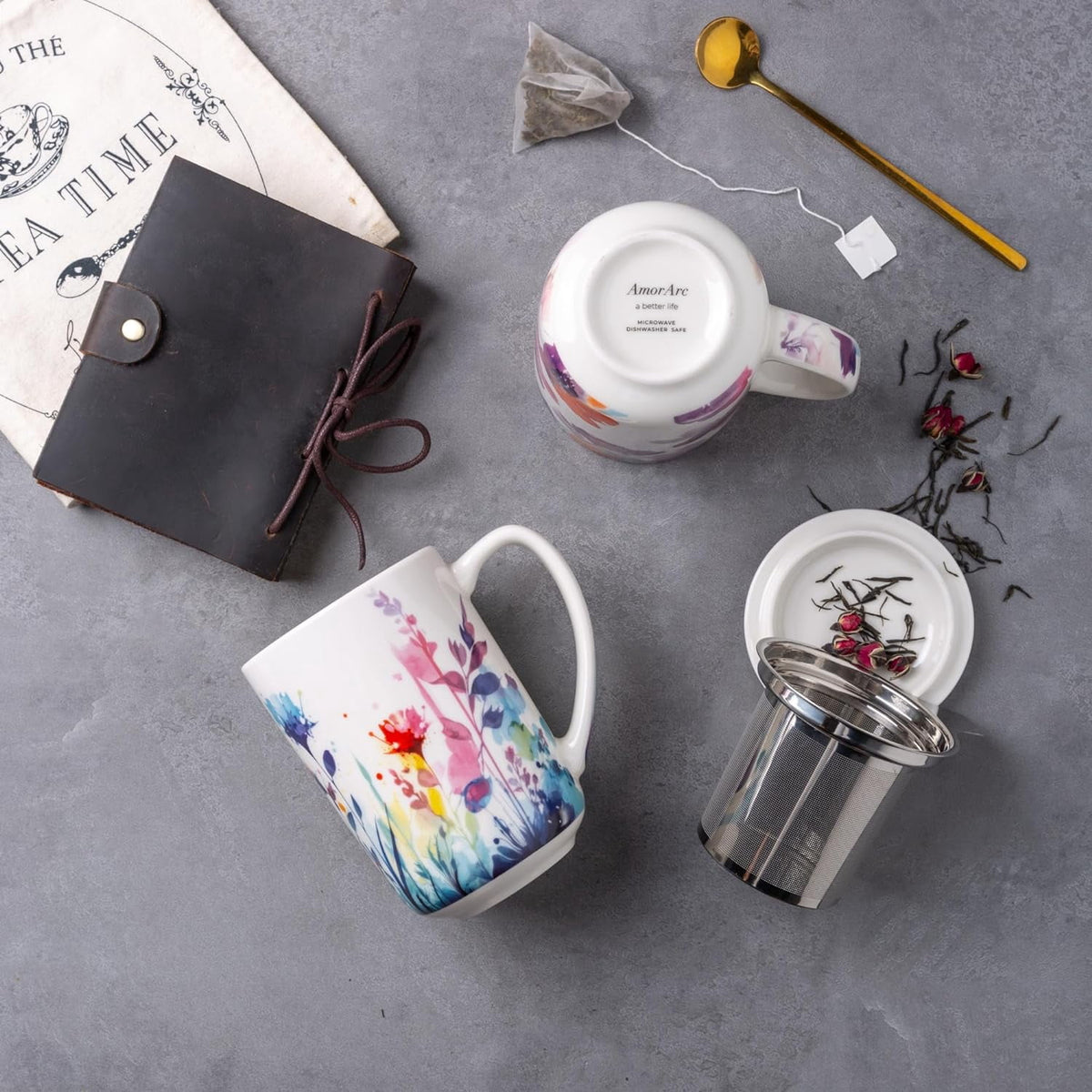 AmorArc Porcelain Tea Mug with Infuser and Lids, 18 Oz Cup Strainer Bag Holder for Loose Leaf Tea, Steeping Coffee Well-wrapped Box House-warming Wedding Birthday Gift, YelloRed