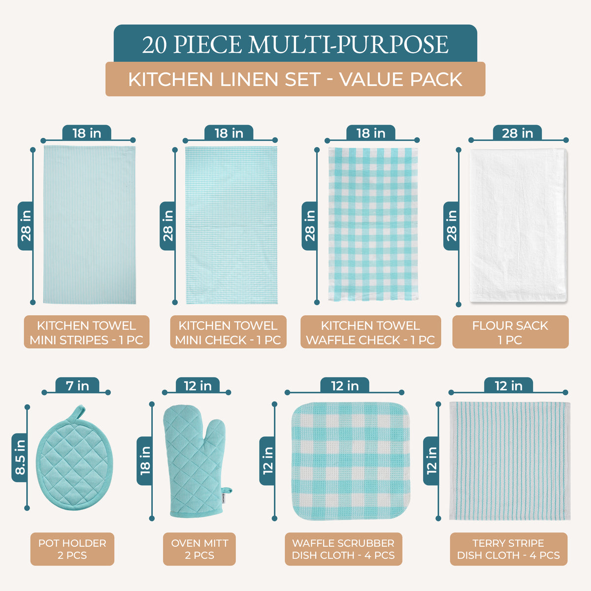 20 Piece Kitchen Towel Set - Cotton Dish Towels, Heat Resistant Kitchen Mittens and Pot Holder Set, Apron for Women with Pockets , Absorbent Dish Towels for Kitchen Drying - Olive