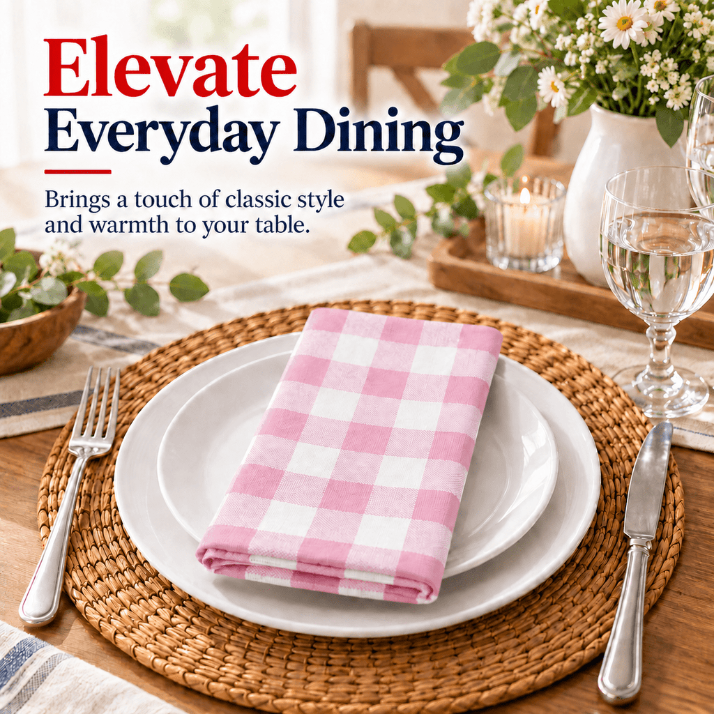 GFI LINEN CLUBS 100% Cotton Gingham Cloth Dinner Napkins, 18 x 18 in, Set of 12, Baby Pink & White