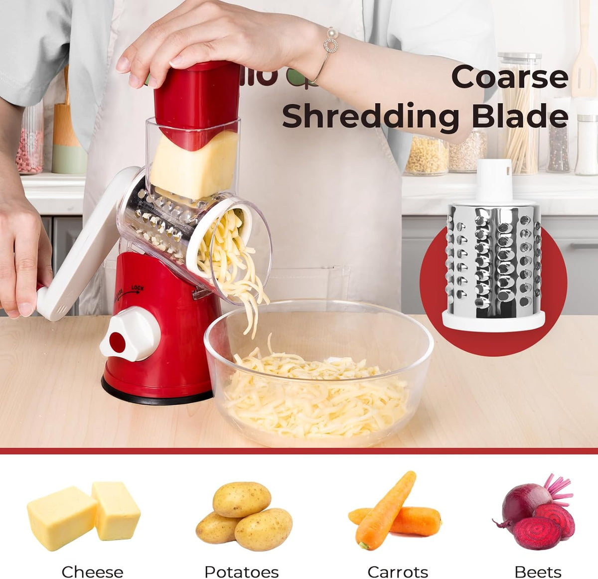 Premium Rotary Cheese Grater, Manual Cheese Grater for Kitchen, Handheld Vegetables Slicer Cheese Shredder with Rubber Suction Base, 3 Stainless Drum Blades Included,Blue