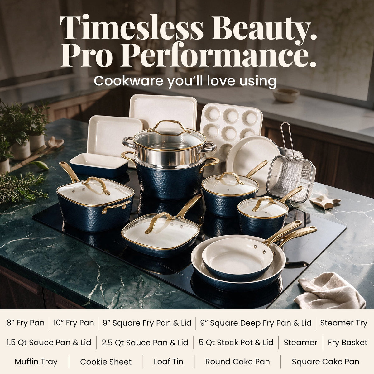 Gotham Steel Hammered 20 Pc Ceramic Cookware Set Nonstick, Induction Pots and Pans Set, Non Toxic Cookware Sets, Oven & Dishwasher Safe, Copper