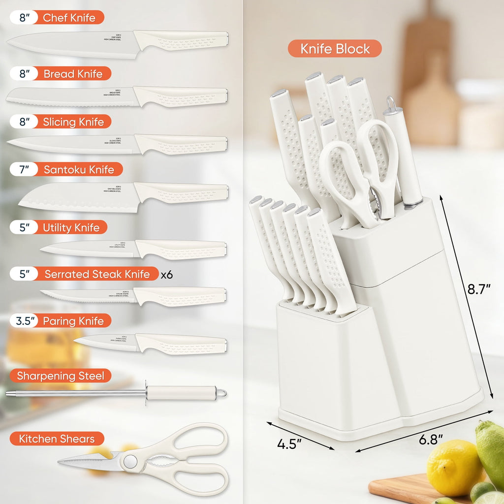 Vesteel Knife Block Set for Kitchen, 15-Piece High Carbon Stainless Steel Knives Set with Ergonomic Handle, Ultra-sharp & Rust Resistant, Walnut Brown