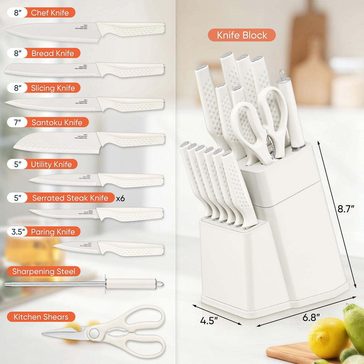 Vesteel Knife Block Set for Kitchen, 15-Piece High Carbon Stainless Steel Knives Set with Ergonomic Handle, Ultra-sharp & Rust Resistant, Walnut Brown