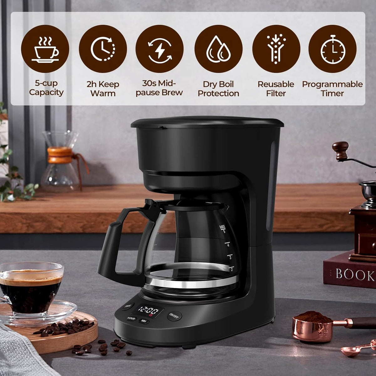 Moifoi Coffee Maker 2-in-1 Single Serve Coffee Machine, for K-Cup Coffee Capsule Pod, Ground Coffee Powder Brewer, Black
