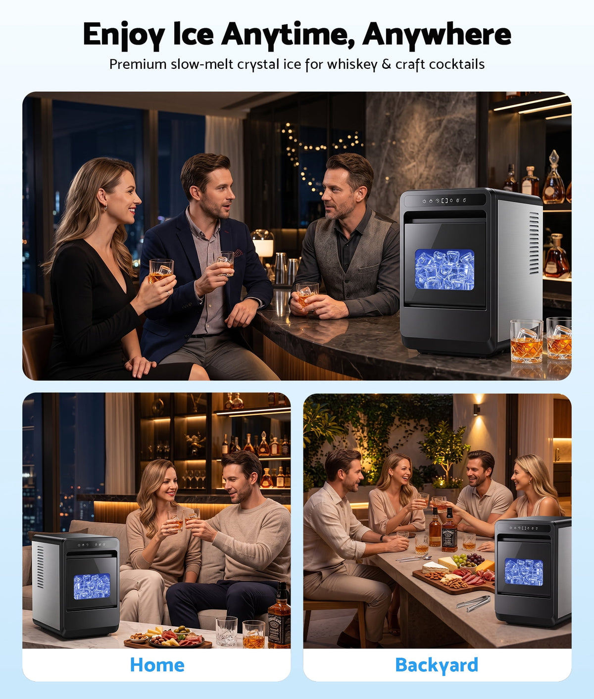 Flamemore Clear Countertop Ice Maker, 8 Crystal Clear 1.2" Large Craft Ice Cubes in 20 Mins, Portable Ice Machine with Self-Cleaning for Home Bar, Whiskey & Cocktails