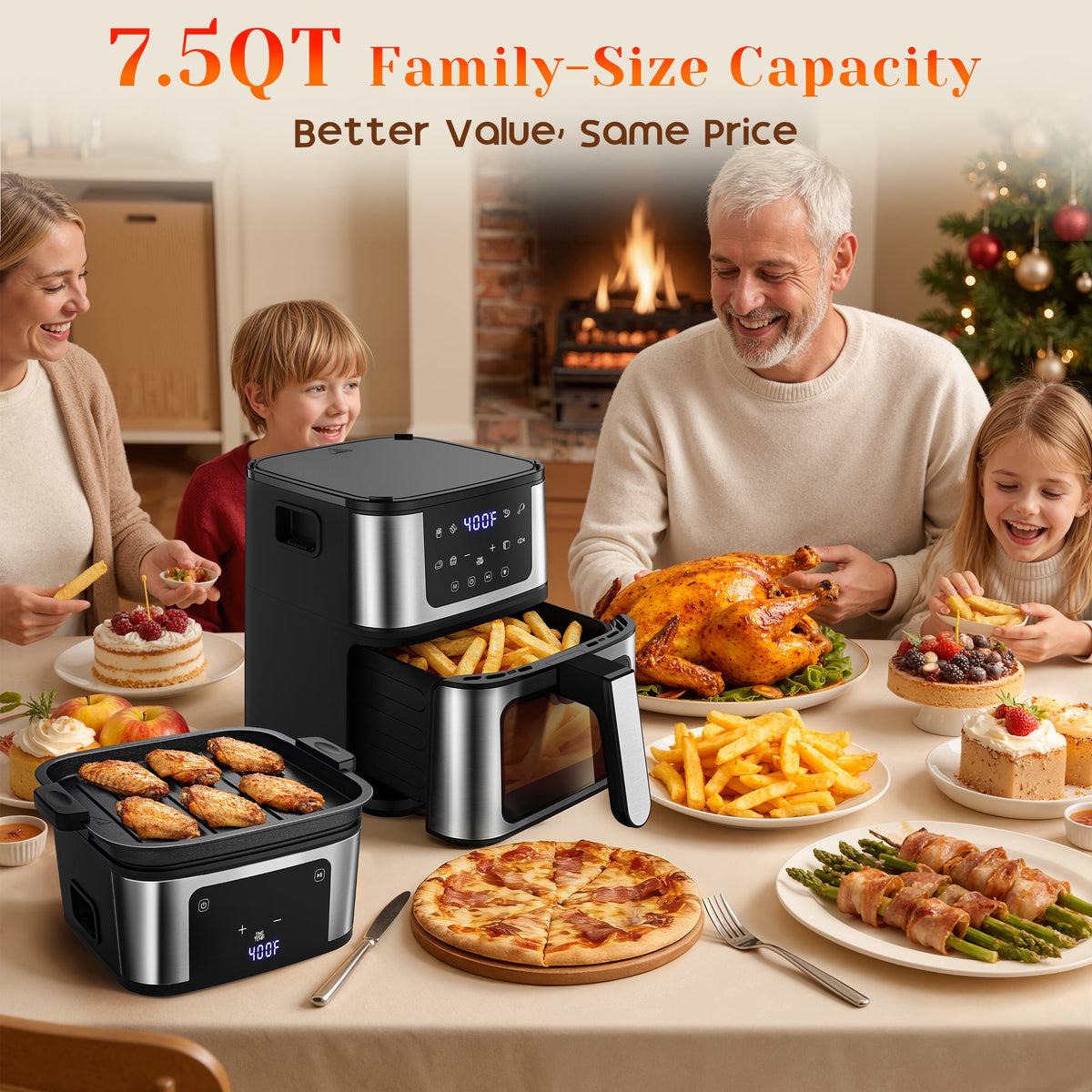 2-in-1 Versatility Digital Air Fryer & Grill, 2X Faster Cooking, 7.5 QT Air Fryer, Nonstick Basket + 100 Liners, 8 Present Cookings Air Fryer,Black