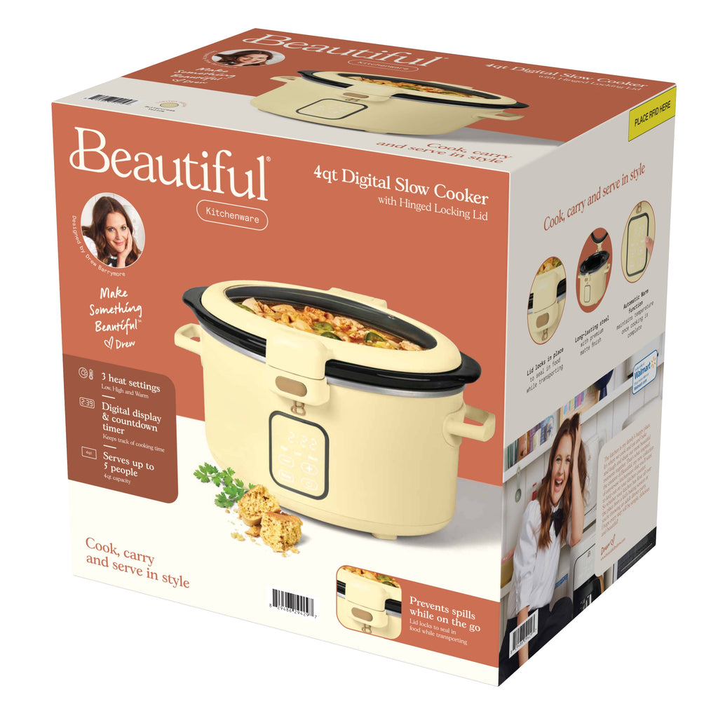 Beautiful 4 Qt Digital Slow Cooker with Hinged Locking Lid, Thyme Green by Drew Barrymore