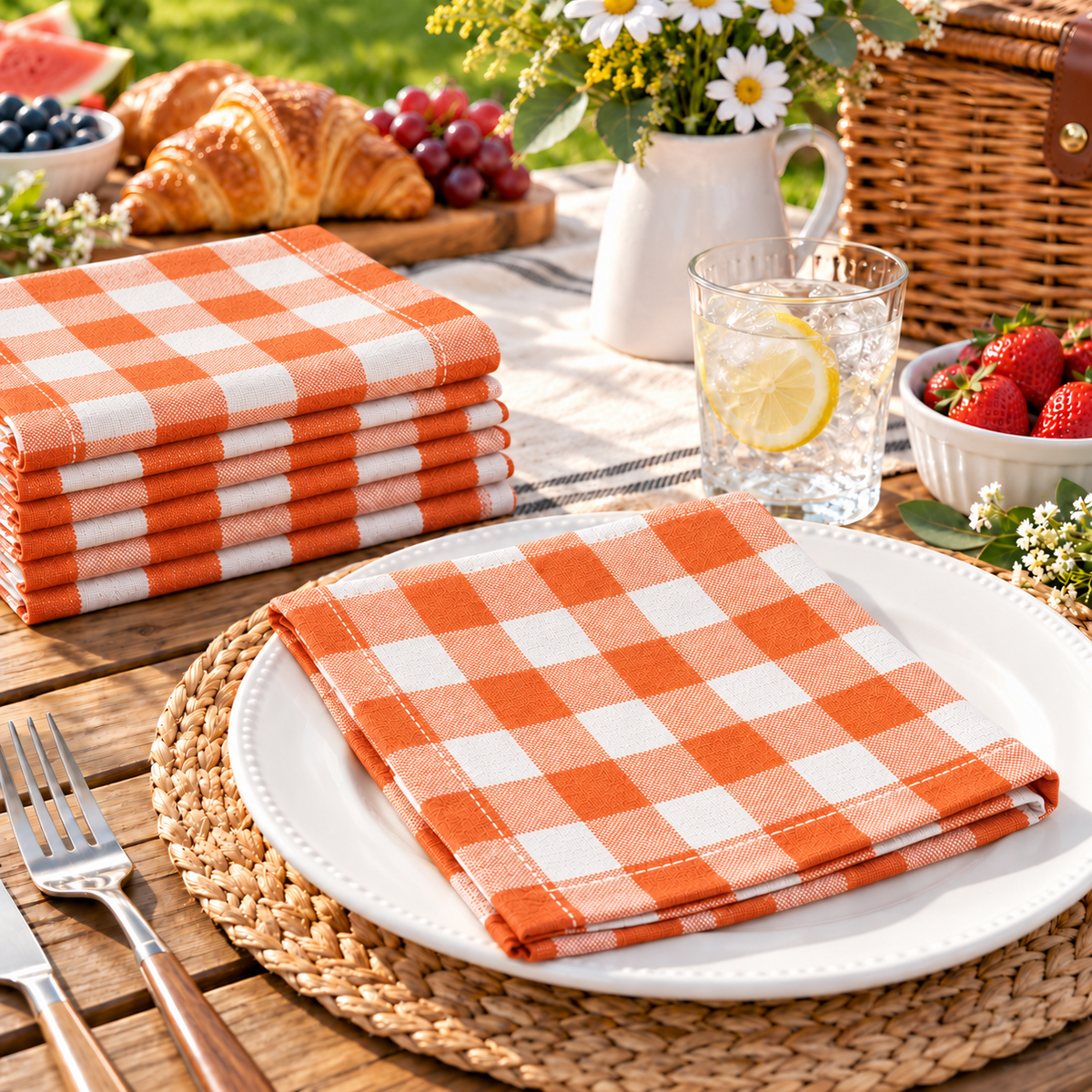 GFI LINEN CLUBS 100% Cotton Gingham Cloth Dinner Napkins, 18 x 18 in, Set of 12, Blue & White