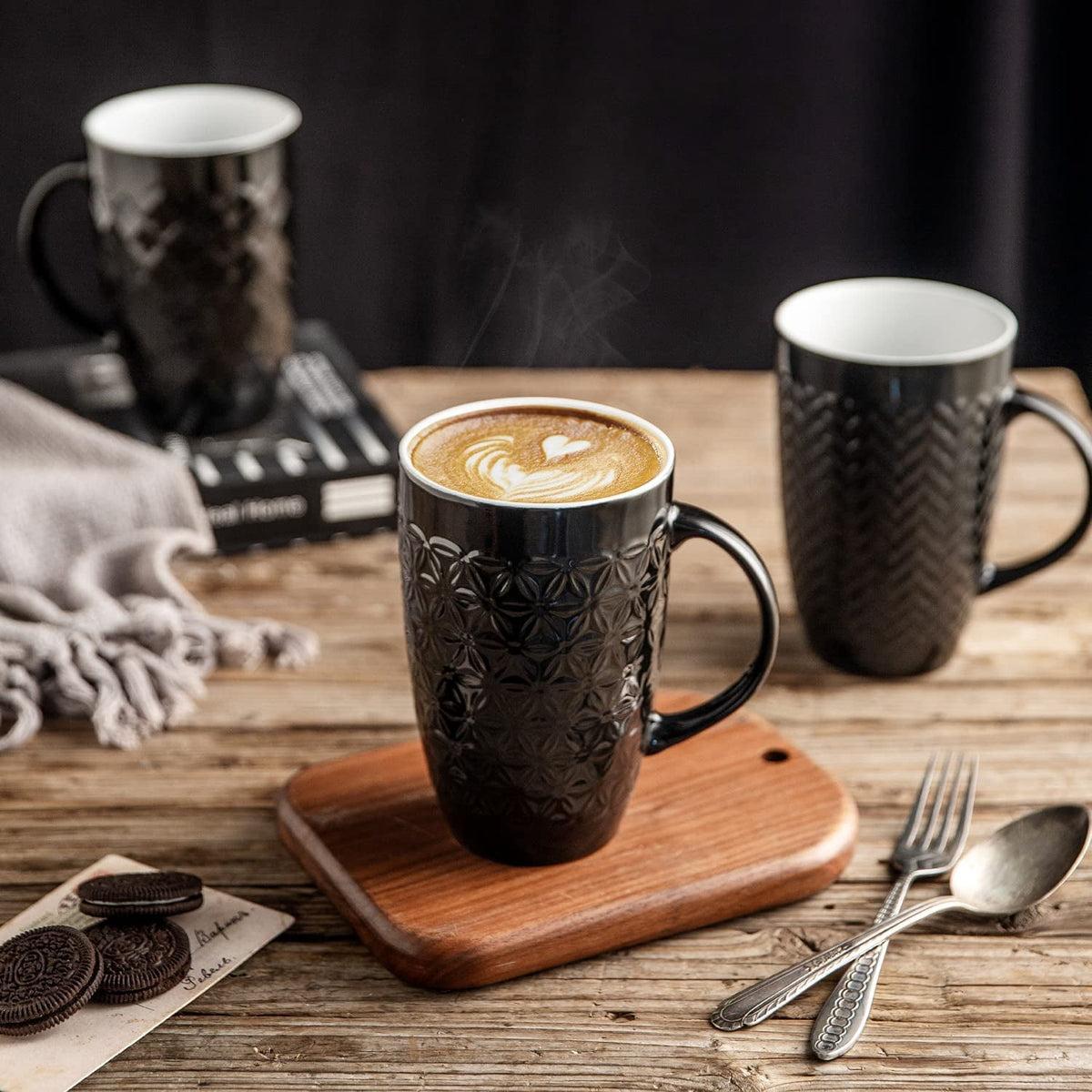AmorArc Extra Large Coffee Mugs Set of 6, 20oz Ceramic Tall Coffee Mugs Set with Textured Geometric Patterns for Coffee/Tea/Beer/Hot Cocoa, Dishwasher & Microwave Safe,Beige