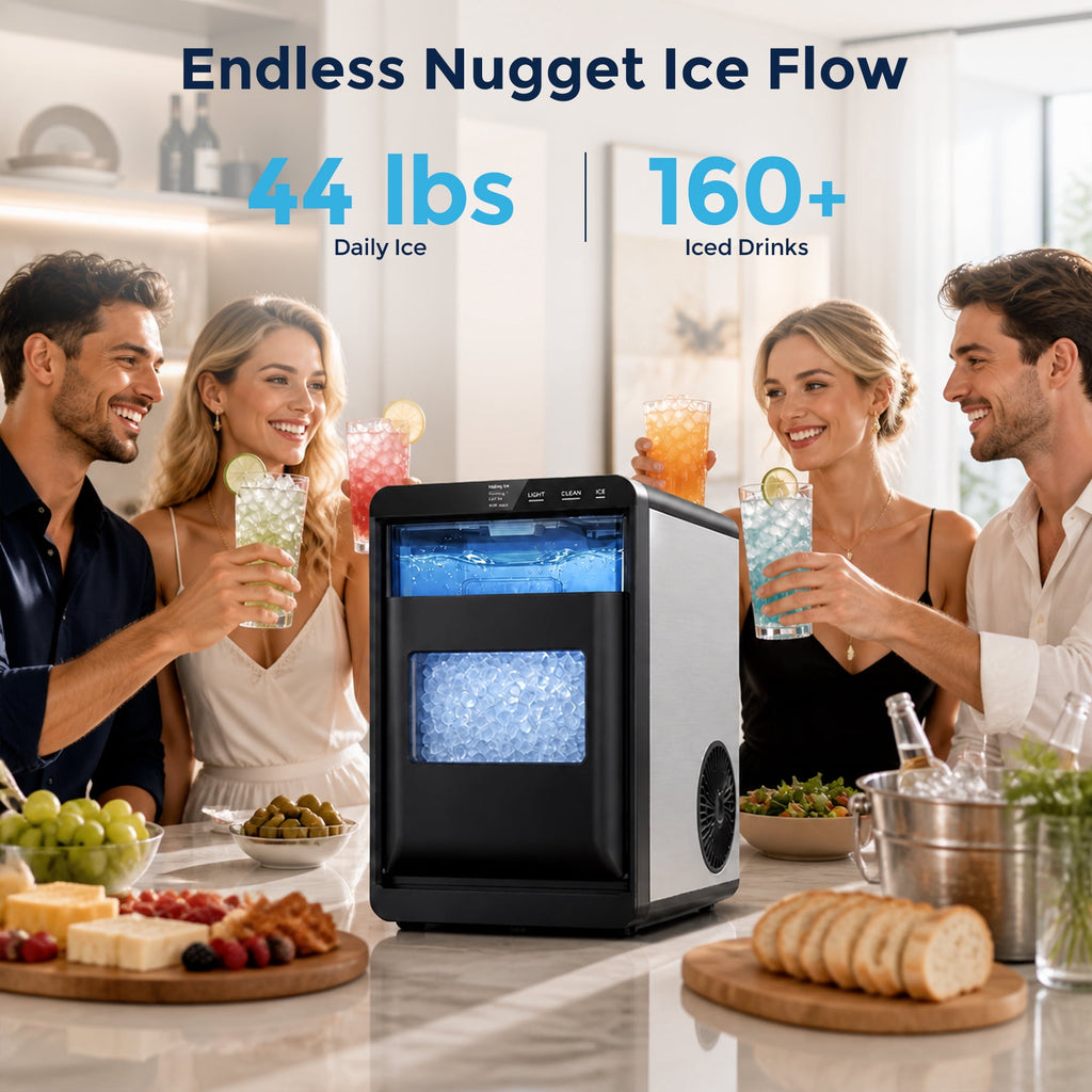 Snowyermine Nugget Ice Maker Countertop, 44 lbs per Day, Soft, Chewable Sonic-Style Pebble Ice, One-Touch Self-Cleaning, Stainless Steel, Black, for Home, Kitchen, Office, RV and Camping