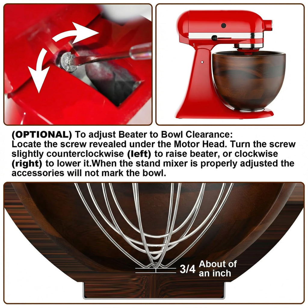 GVODE Premium Natural True Wooden Mixing Bowl Attachment for KitchenAid 4.5-5 Qt Tilt-Head Stand Mixers with Stainless Steel Base