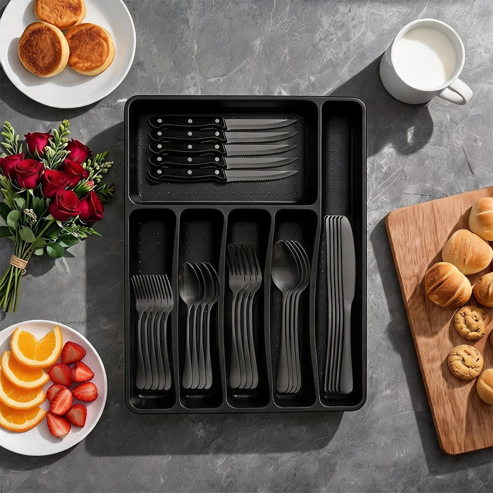 49-Piece Silverware Set with Flatware Drawer Organizer, Durable Stainless Steel Cutlery Set for 8, Mirror Polished Kitchen Utensils Tableware Service with Steak Knives Dinner Fork Knife Spoon & Tray