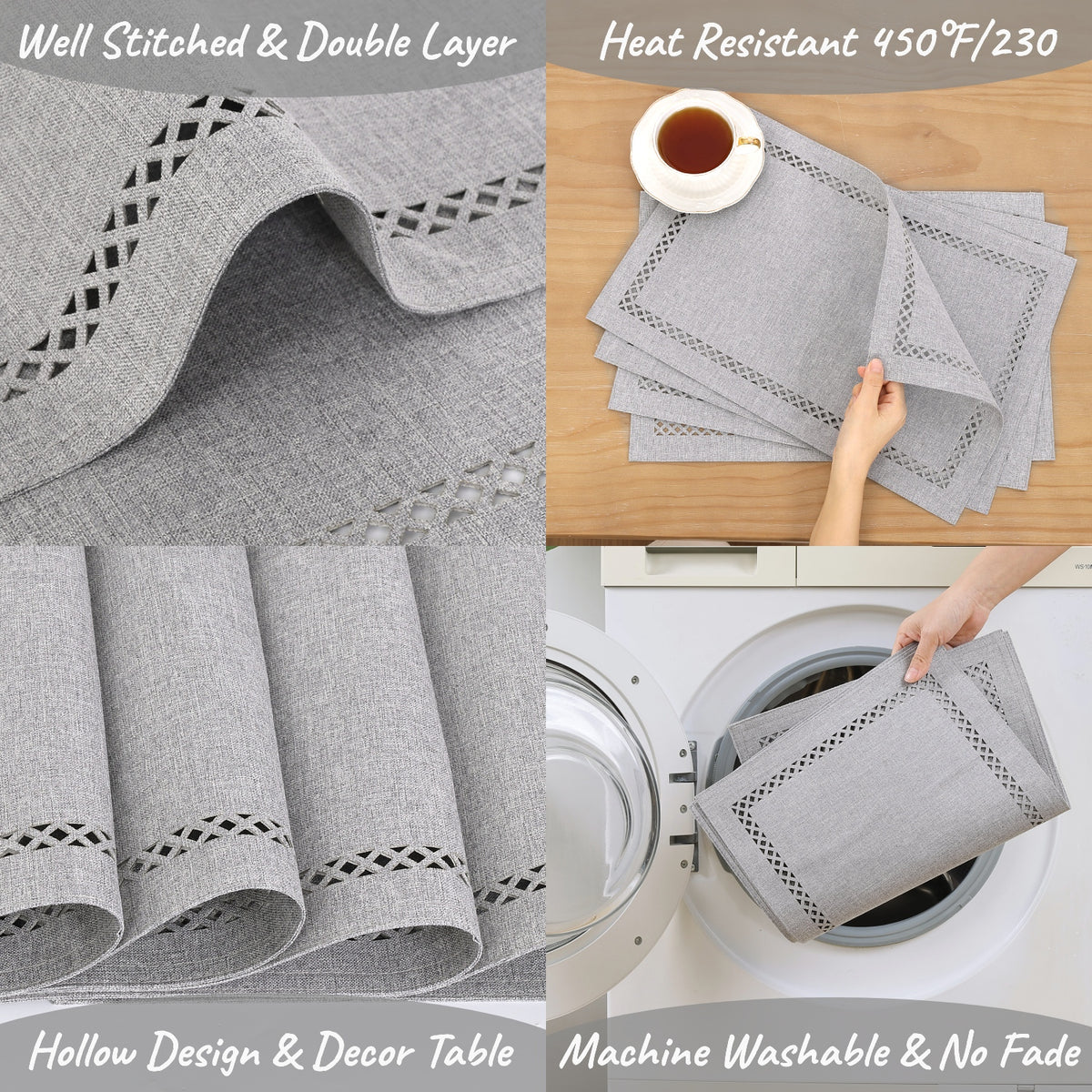 Placemats Set of 4, Yamaziot Double Layer Cloth Fabric Heat Resistant Place Mat, Washable Reversible Rectangle Dining Table Mats, Hollow Khaki, 12"x18"