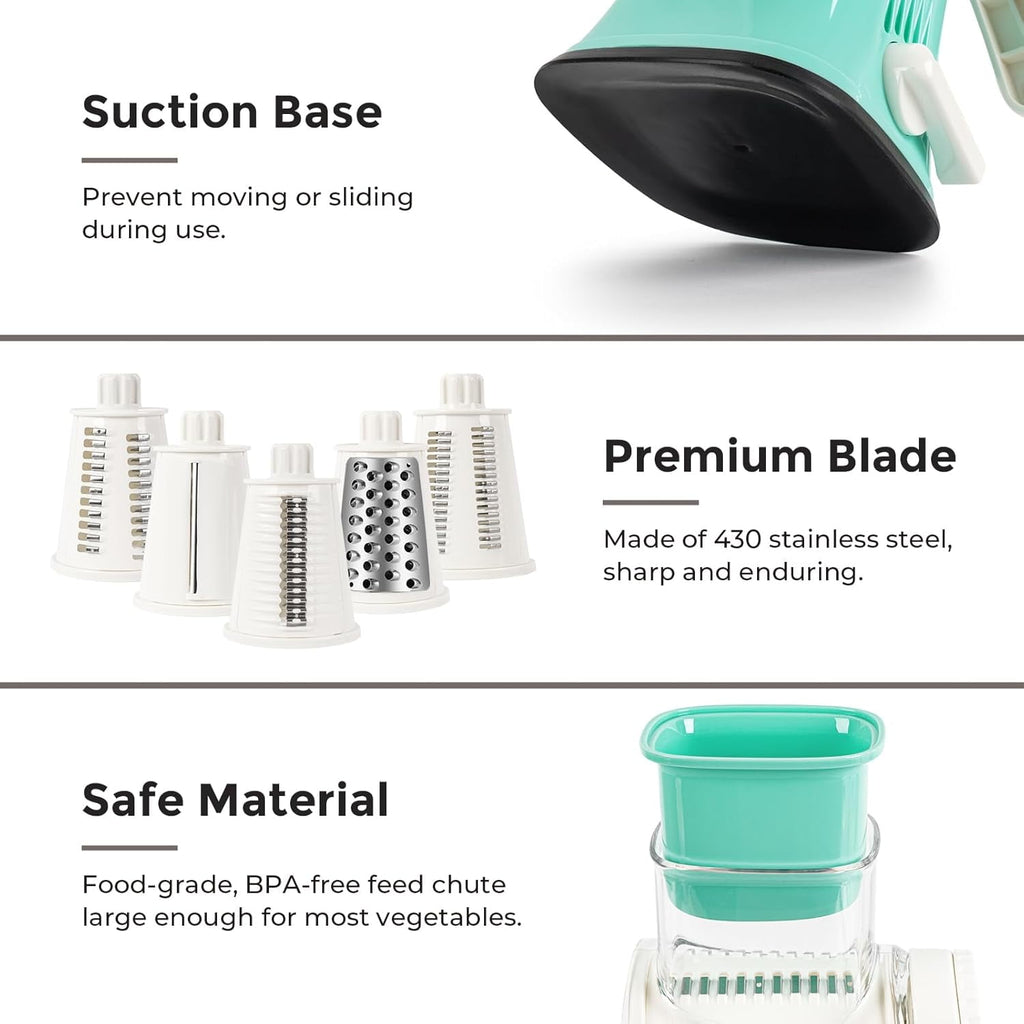 Premium Rotary Cheese Grater, Manual Cheese Grater for Kitchen, Handheld Vegetables Slicer Cheese Shredder with Rubber Suction Base, 3 Stainless Drum Blades Included,Blue