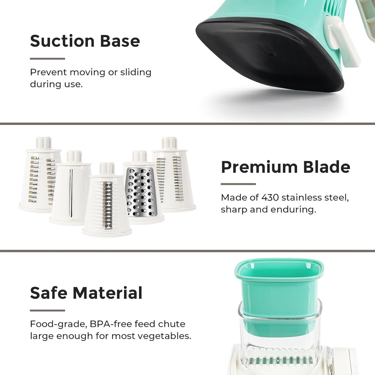 Premium Rotary Cheese Grater, Manual Cheese Grater for Kitchen, Handheld Vegetables Slicer Cheese Shredder with Rubber Suction Base, 3 Stainless Drum Blades Included,Blue