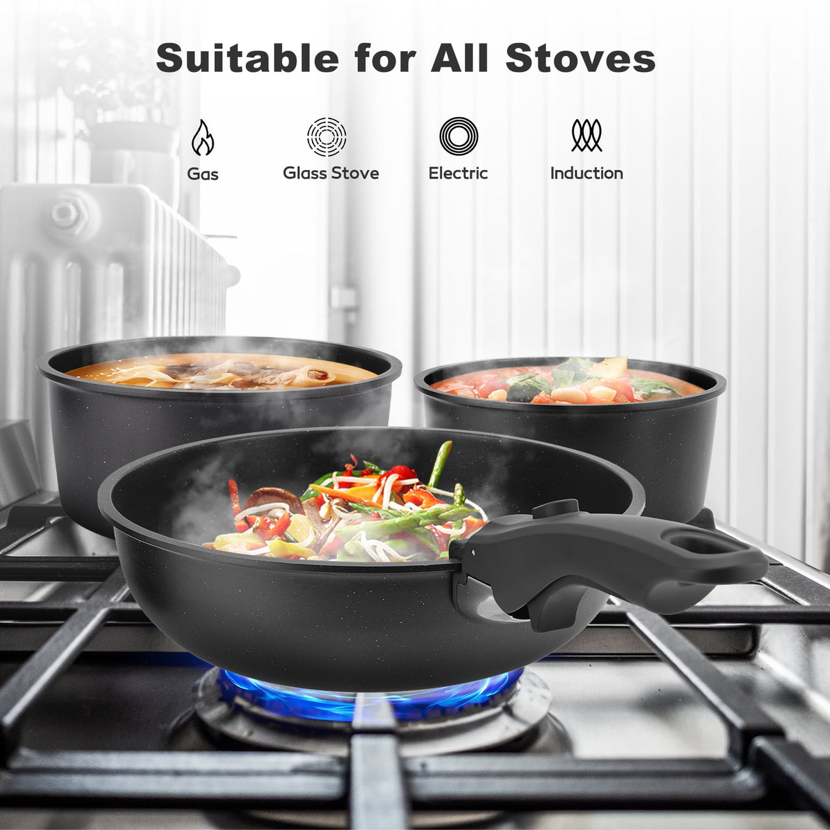 17 Piece Ceramic Pots and Pans Set Non Stick, Cookware Set with Detachable Handle, Oven Safe, Induction Ready, Stackable RV Kitchen Cooking Set Removable Handles, Cream White