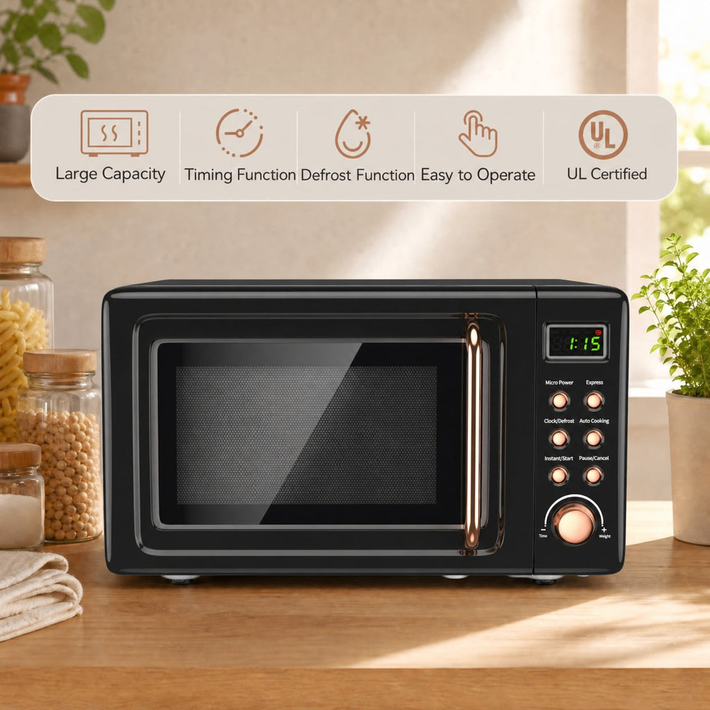 Costway 0.7 Cu.ft Retro Countertop Microwave Oven 700W LED Display Glass Turntable Rose Gold