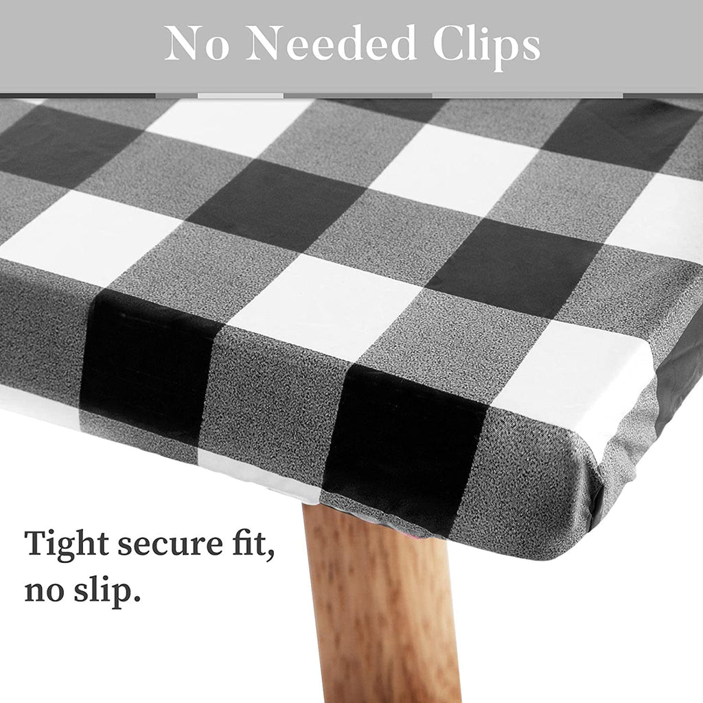 UMINEUX 3-Piece Rectangle Checkered Picnic Table Cover with Bench Covers Vinyl Flannel Backing with Elastic Edge (30"x72", Black and White)