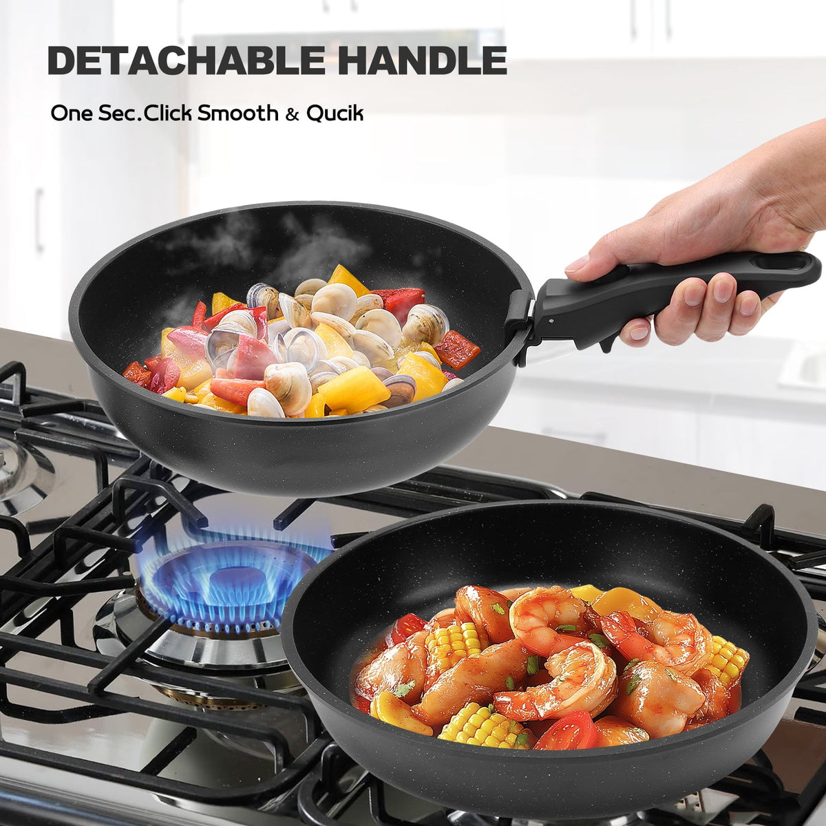17 Piece Ceramic Pots and Pans Set Non Stick, Cookware Set with Detachable Handle, Oven Safe, Induction Ready, Stackable RV Kitchen Cooking Set Removable Handles, Cream White