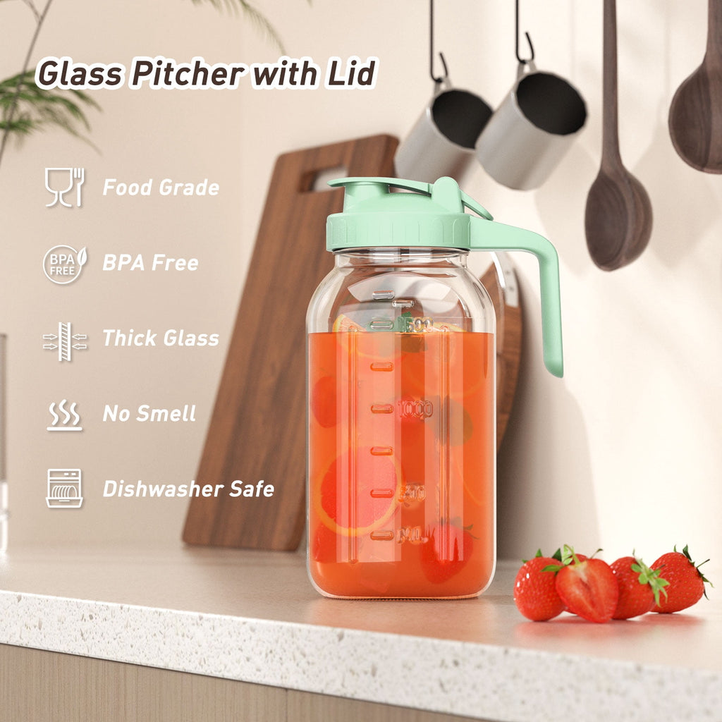 VA1KENE Glass Pitcher with Lid, Mason Jar Pitcher with Spout and Handle for Lemonade, Iced Drinks, and Sun Tea 64oz Gray