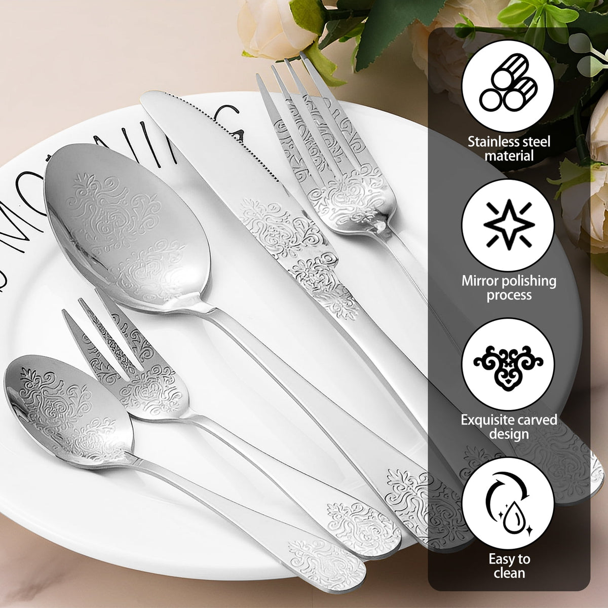 20 Pcs Floral Silverware Set Including Fork Spoon and Knife Stainless Steel Flatware Set Vintage Cutlery Set Mirror Polished Utensil Set for Kitchen Dishwasher Safe Service for 4