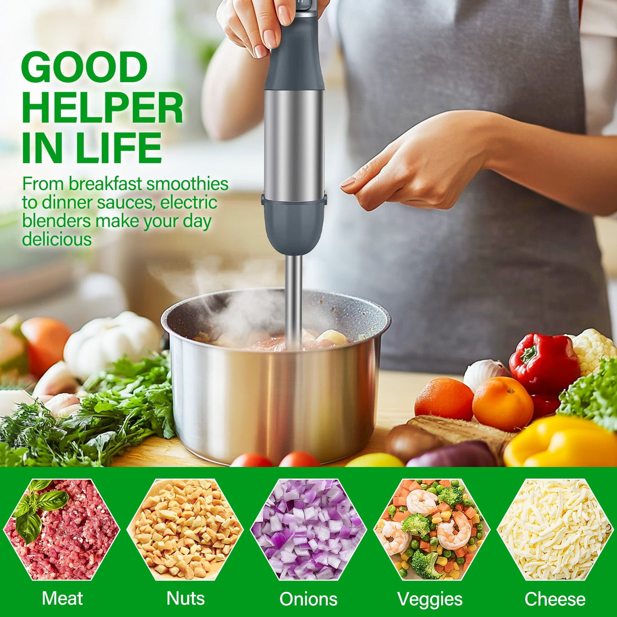 Immersion Blender Handheld 1100W 3 in 1 Corded Stick Hand Blenders for Kitchen with Trigger Speed Control, with Whisk, Milk Frother Attachemnts, Perfect Emulsifier for Soup, Smoothie, Puree