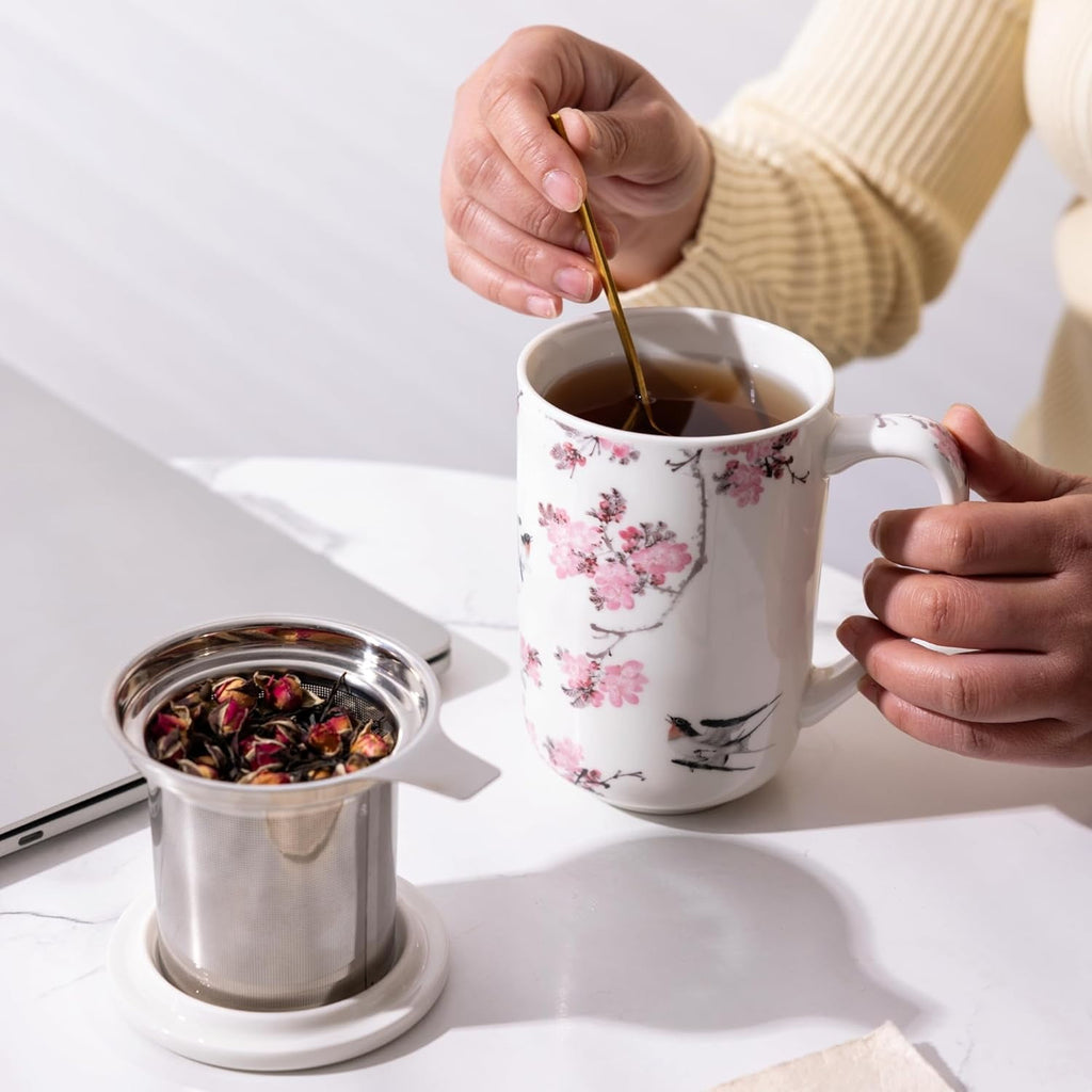 AmorArc Porcelain Tea Mug with Infuser and Lids, 18 Oz Cup Strainer Bag Holder for Loose Leaf Tea, Steeping Coffee Well-wrapped Box House-warming Wedding Birthday Gift, YelloRed