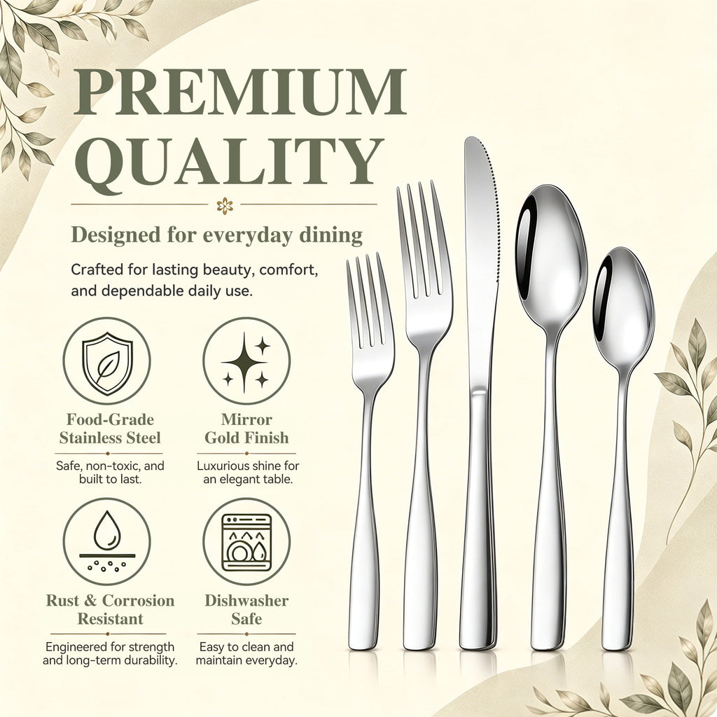 TINANA Silverware Sets, 30 PCS Flatware Set for 6, Premium Stainless Steel Cutlery Utensil Set Mirror Polished Forks and Spoons, Dishwasher Safe