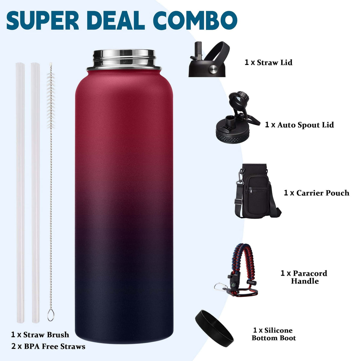 64 oz Water Bottle with Straw & Spout Lids - Half Gallon Insulated Water Bottle,Wide Mouth Metal Canteen Thermo Flask,Leak-proof Water Jug,Black