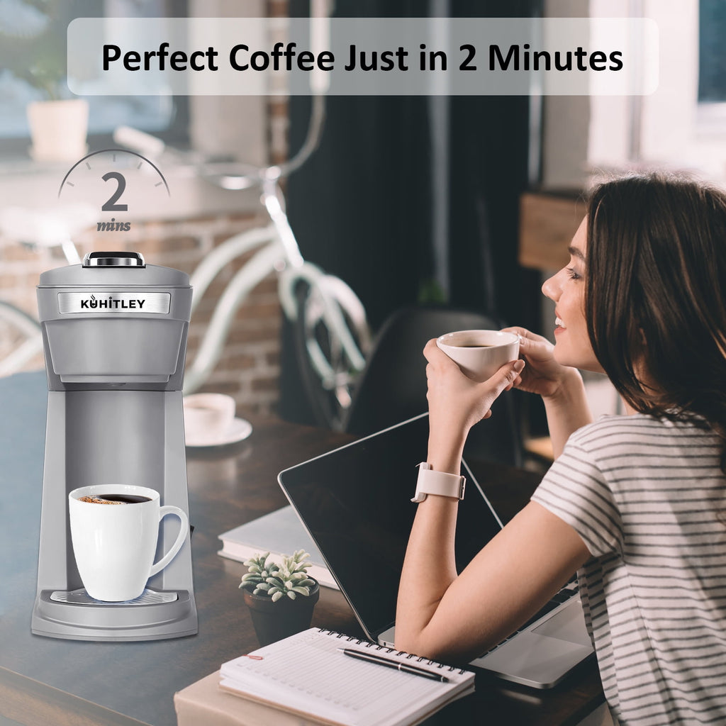 2 in 1 Single Serve Coffee Maker for K Cup Pods & Ground Coffee, Mini K Cup Coffee Machine with 6 to 14 oz Brew Sizes, Single Cup Coffee Brewer with One-Press Fast Brewing, Reusable Filters,Black