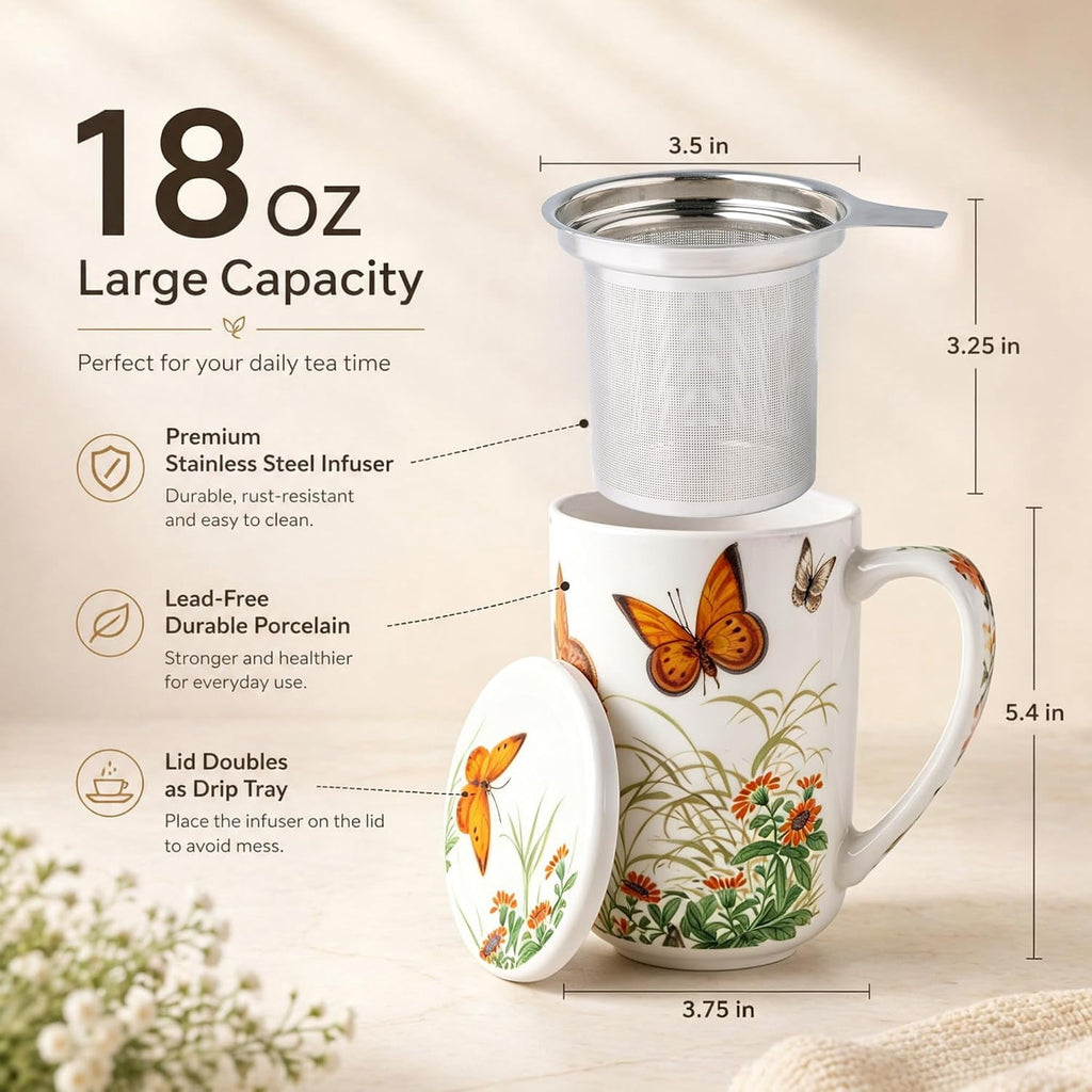AmorArc Porcelain Tea Mug with Infuser and Lids, 18 Oz Cup Strainer Bag Holder for Loose Leaf Tea, Steeping Coffee Well-wrapped Box House-warming Wedding Birthday Gift, YelloRed
