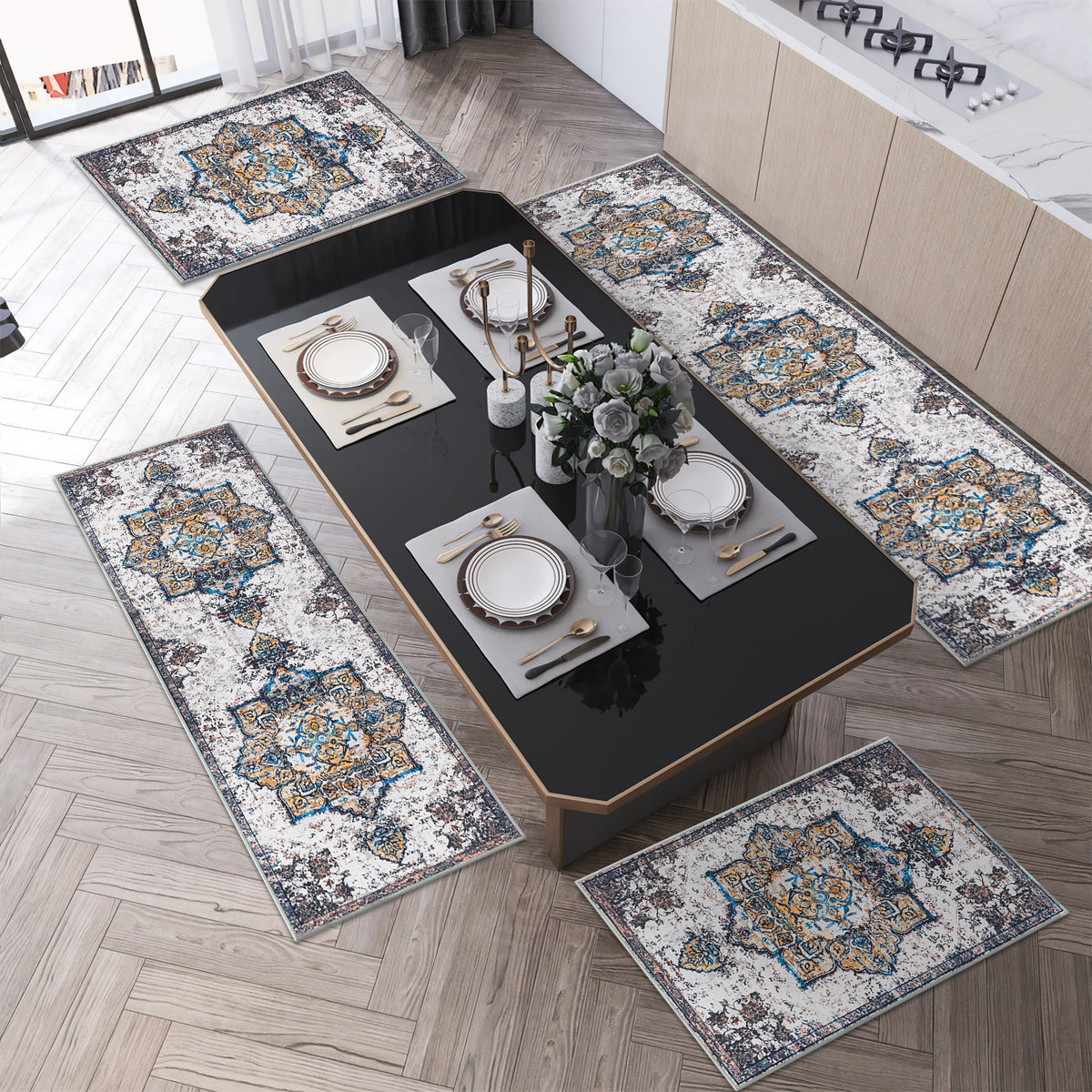 TECHVIDA Kitchen Rug Set 3 Piece,Non Slip Machine Washable Kitchen Mats, Farmhouse Hallway Doormat for Home Floor and Living Room,Gray