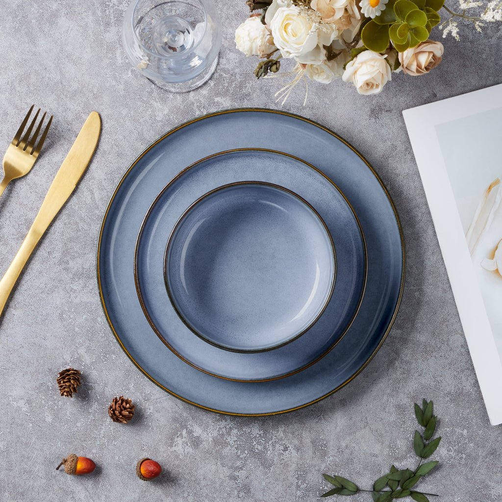 Vesteel Dinnerware Sets for 4, 12-Piece Stoneware Dish and Bowls Set, Handmade Reactive Glaze Coupe Plates Set for Family, Chip & Scratch Resistant - Matte Black