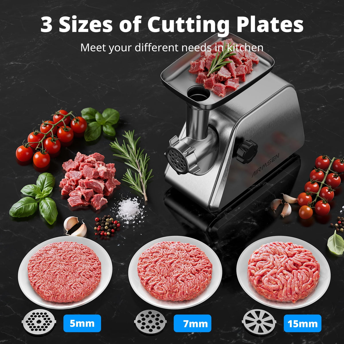 AIRMSEN Stainless Steel Meat Grinder, Electric 3 in 1 Meat Mincer with 2 Blades & 3 Plates, Sausage & Kubbe Maker Kit, Fixed Lock, Double Switch, Food Grinder for Home Kitchen Use