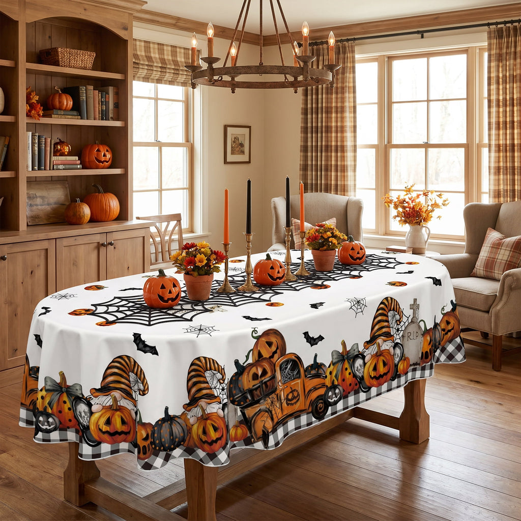 Sm:)e Truck Jack O Lantern Pumpkin Bat Buffalo Plaid Halloween Tablecloth 60 x 84 Inch, Wrinkle-Resistant Table Cover for Dining Decor, Rectangle