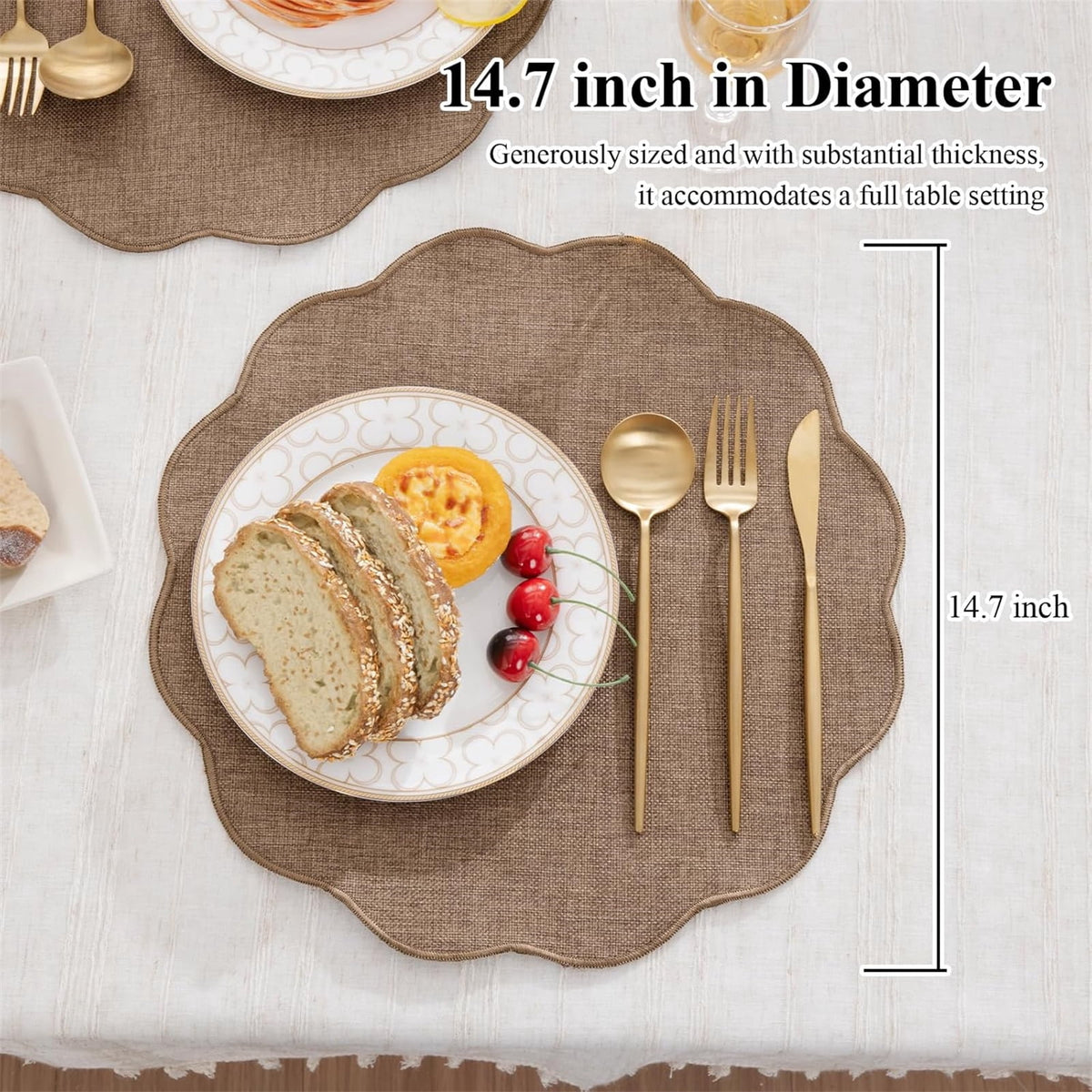 Ileading Scalloped Round Placemats Set of 6 Polyester Linen Blend Washable Non Slip Place Mats Easy Clean Heat Resistant Table Mats for Kitchen Dining Table Decor