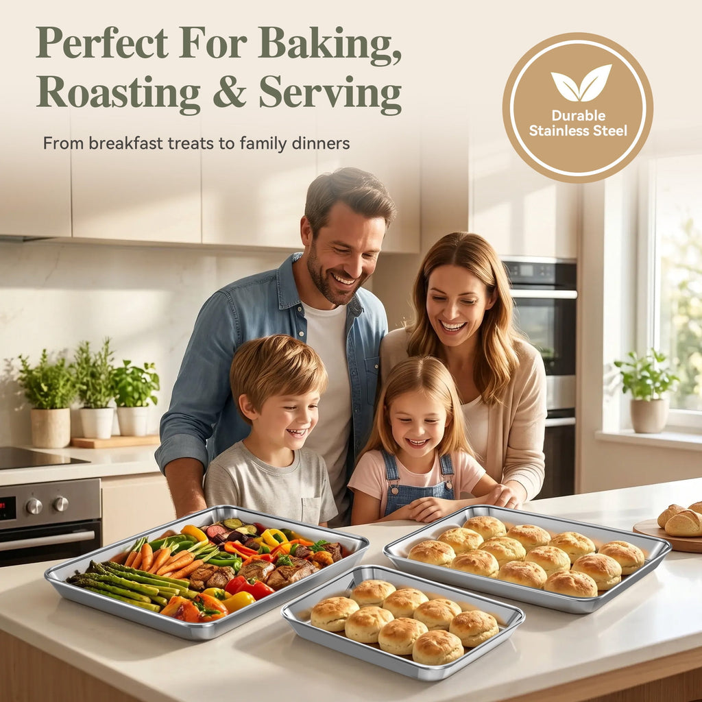 TINANA Stainless Steel Baking Sheet Pan Set, 3 Pack 16/13/10 Inch Cookie Sheets, Mirror Finish, Oven and Dishwasher Safe