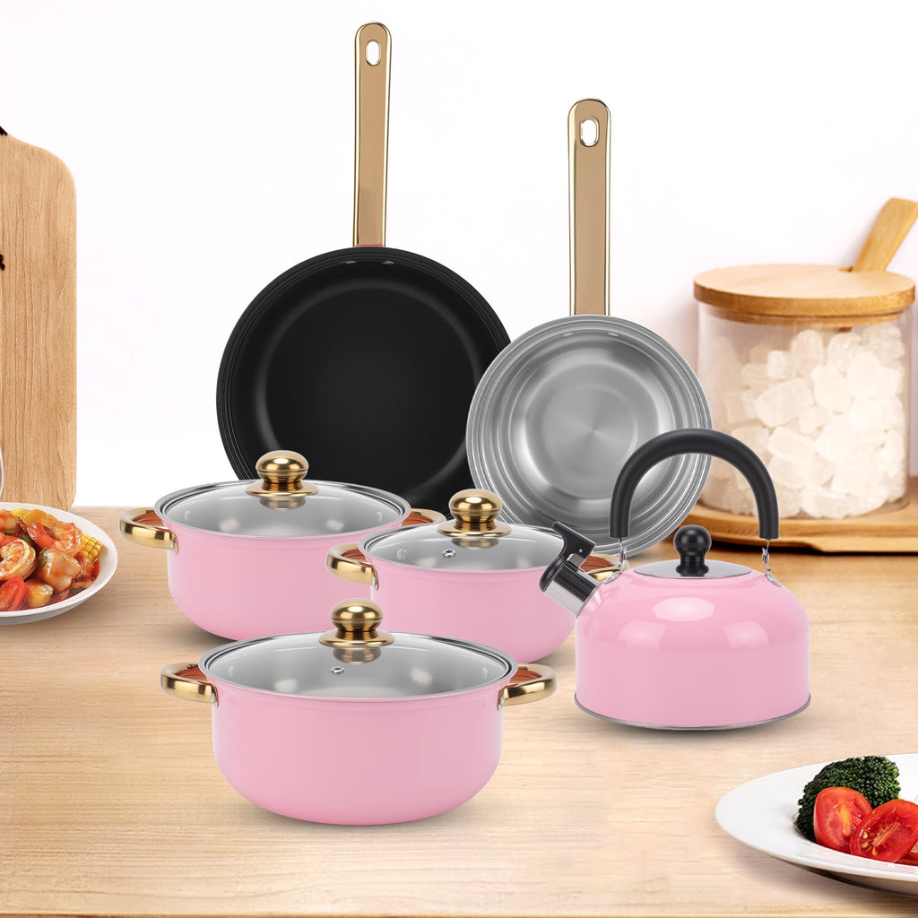 12 Piece Stainless Steel Cookware Set, Nonstick Cookware Set, Kitchen Pots and Pans Tea Kettle Set with Glass Lid for Cooking, Dishwasher, Pink