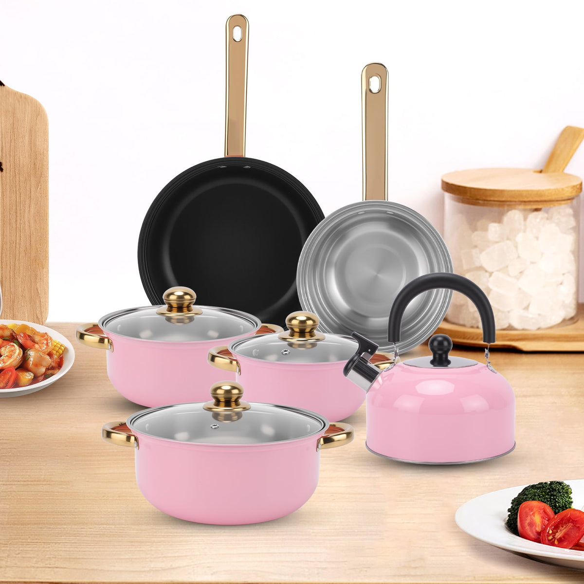 12 Piece Stainless Steel Cookware Set, Nonstick Cookware Set, Kitchen Pots and Pans Tea Kettle Set with Glass Lid for Cooking, Dishwasher, Pink