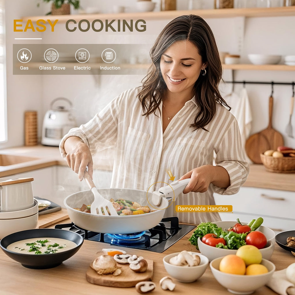 Astercook 22 Piece Pots and Pans Set Non Stick, Cookware Set with Detachable Handles, Oven Safe, Induction Ready, Stackable RV Kitchen Cooking Set, Cream White
