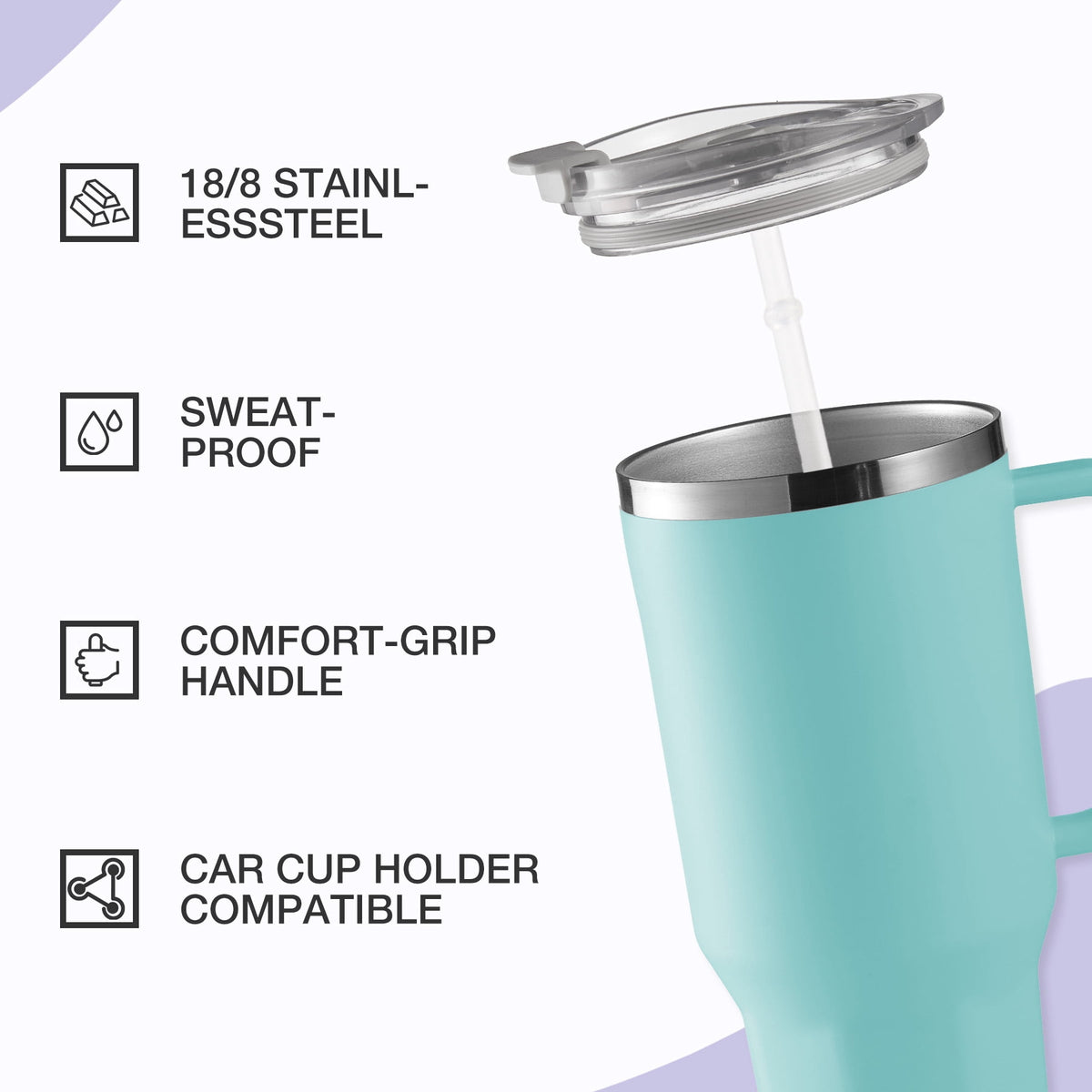HONGBAKE 40 oz Tumbler with Handle and Straw Lid, Insulated Stainless Steel Tumbler, Travel Mug Fits Cup Holder, Dusty Lavender