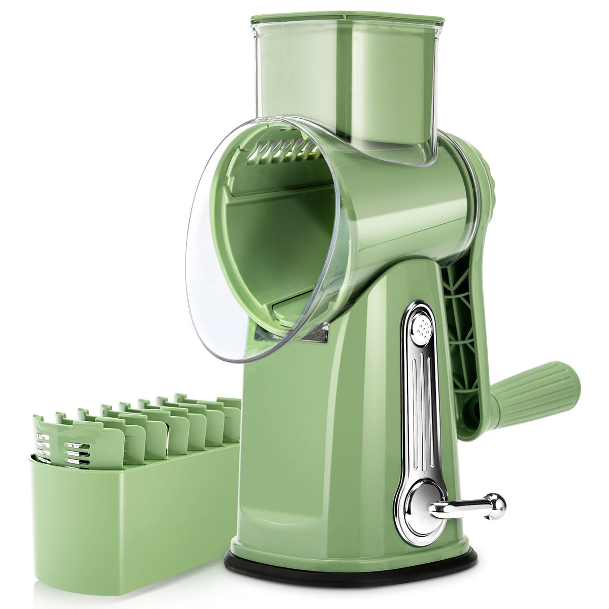 Pukomc Rotary Cheese Grater with Handle- 5 Blades, Suction Base, Mandoline Slicer & Veg Shredder with Blade Storage Box(Green)