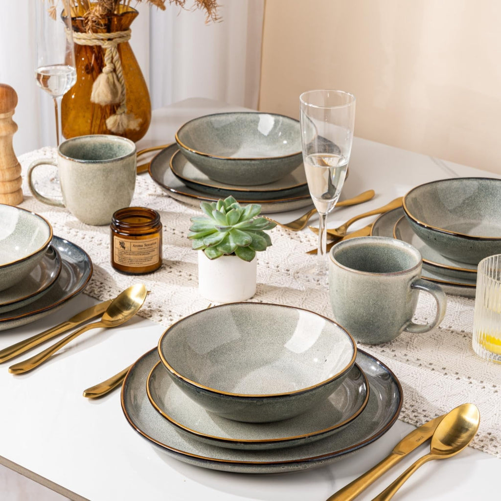 AmorArc Ceramic Dinnerware Sets,Handmade Reactive Glaze Stoneware Plates and Bowls Sets,Highly Chip and Crack Resistant | Dishwasher & Microwave Safe Dishes Set,Service for 4 Set(12pc),Reactive Glaze