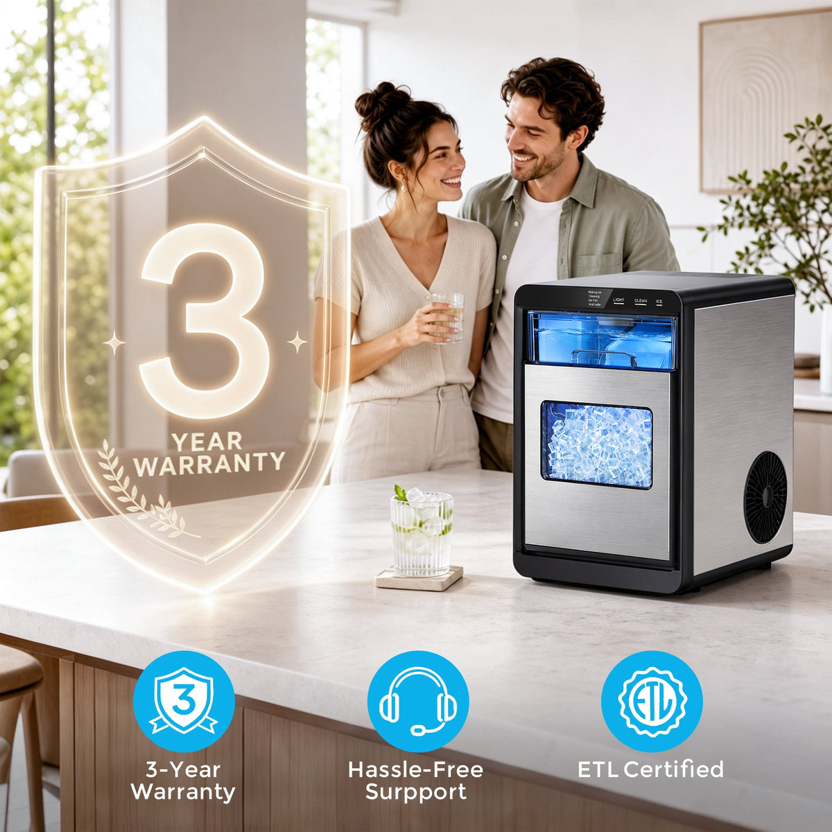 Snowyermine Nugget Ice Maker Countertop, 44 lbs per Day, Soft, Chewable Sonic-Style Pebble Ice, One-Touch Self-Cleaning, Stainless Steel, Black, for Home, Kitchen, Office, RV and Camping
