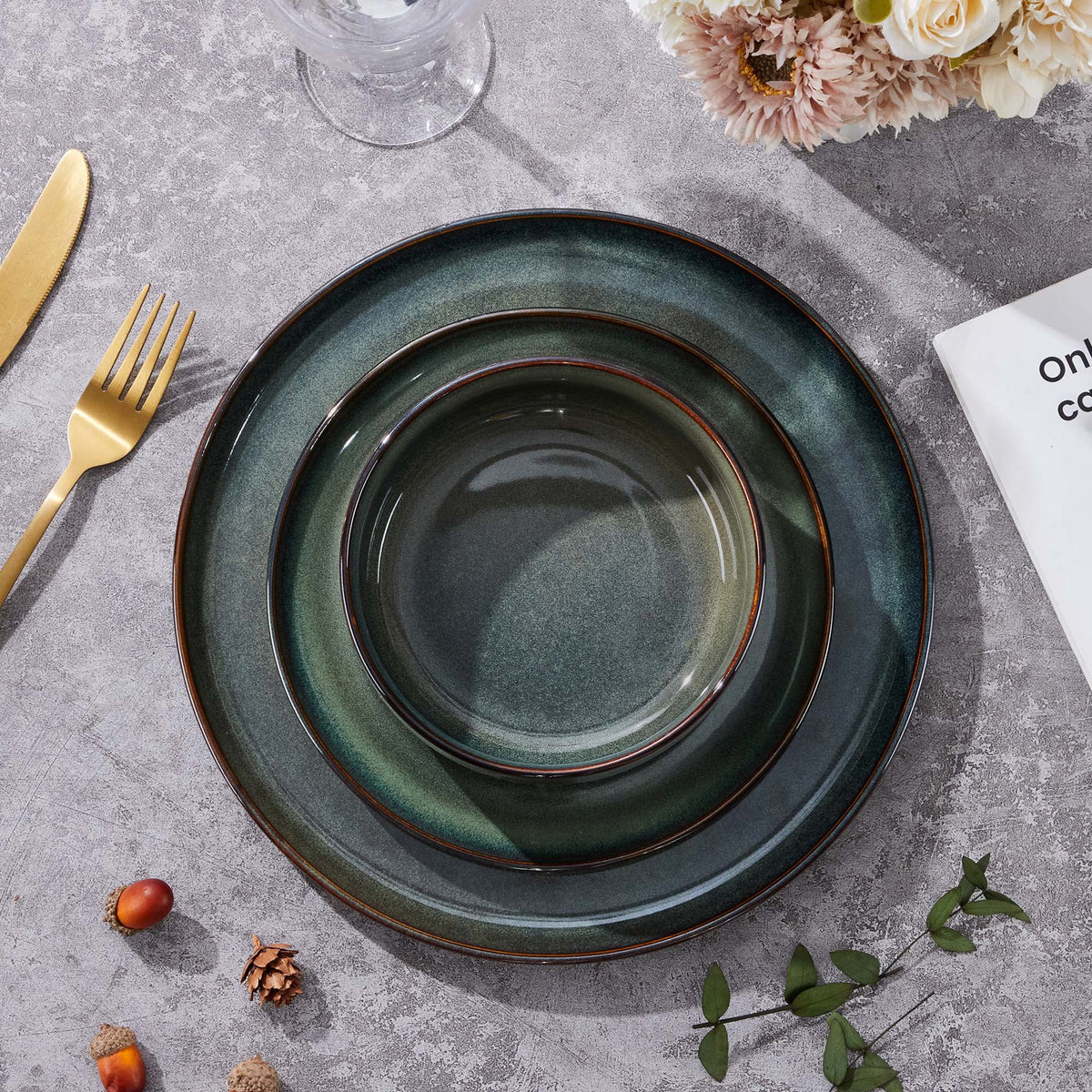 Vesteel Dinnerware Sets for 4, 12-Piece Stoneware Dish and Bowls Set, Handmade Reactive Glaze Coupe Plates Set for Family, Chip & Scratch Resistant - Matte Black