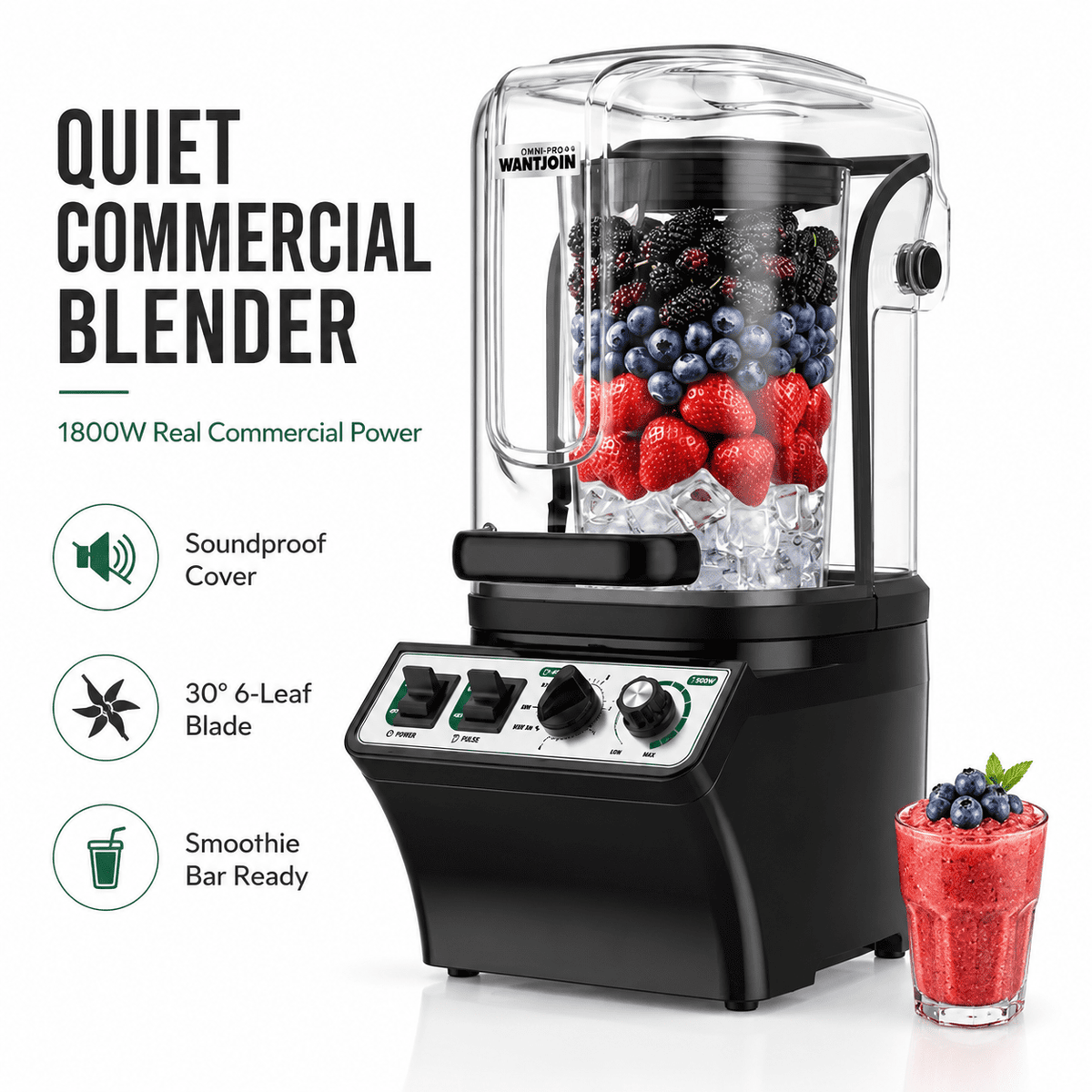 WantJoin Blender-Commercial Blender with Soundproof Shield, Enclosure 2200W ,Quiet Professional-Grade Power,Self-Cleaning,Gray