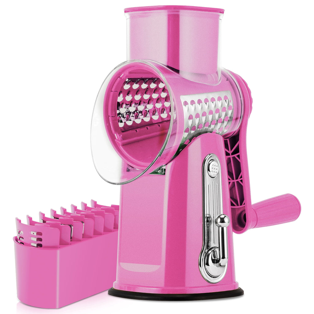 Pukomc Rotary Cheese Grater with Handle- 5 Blades, Suction Base, Mandoline Slicer & Veg Shredder with Blade Storage Box(Green)