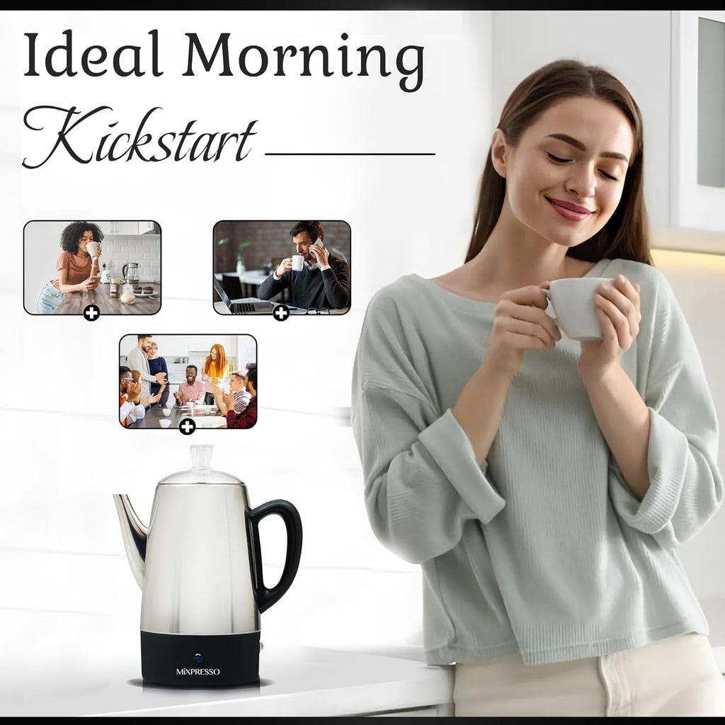 Mixpresso Percolator Coffee Pot Electric 10 Cup, Stainless Steel Coffee Maker, Coffee Percolator Electric With Keep Warm Function, 10 Cups Stainless Steel Perculator With Basket (Shiny Blue)